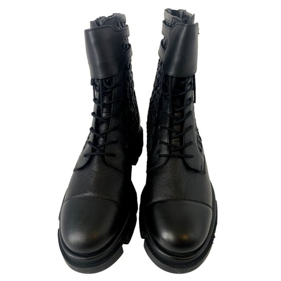 Free People Boots Asher Ankle Black Leather Weaved Side Combat Moto 38 / 7.5 NEW - Picture 3 of 9